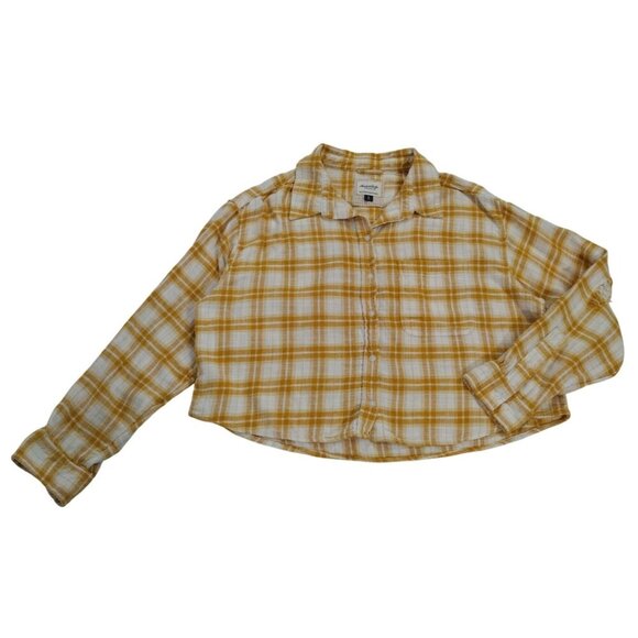 American Eagle Womens Yellow & White Plaid Cropped Button-Up Shirt L. - Picture 5 of 8